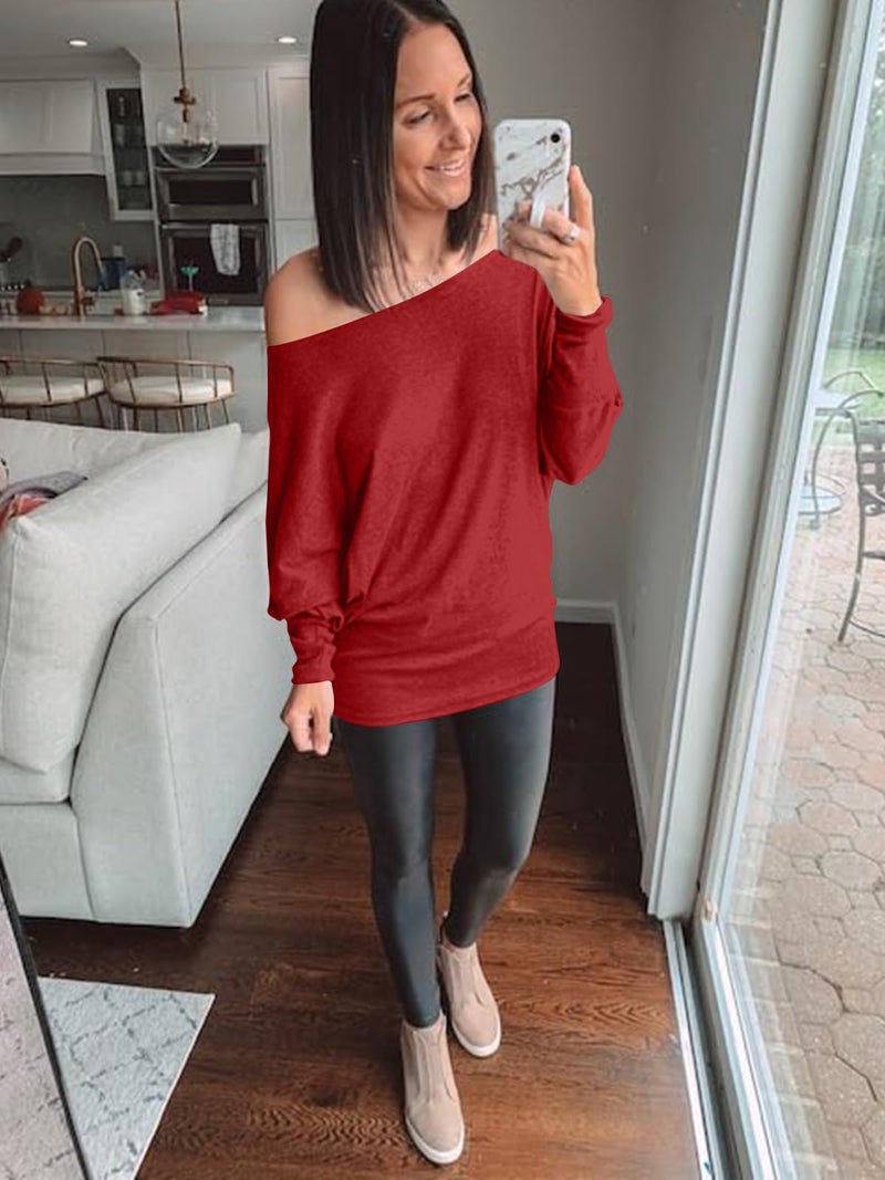 Poetsky Women's Casual Off The Shoulder Tops Loose Batwing Sleeve Tunics Blouse, Dark Red, L - Image 5